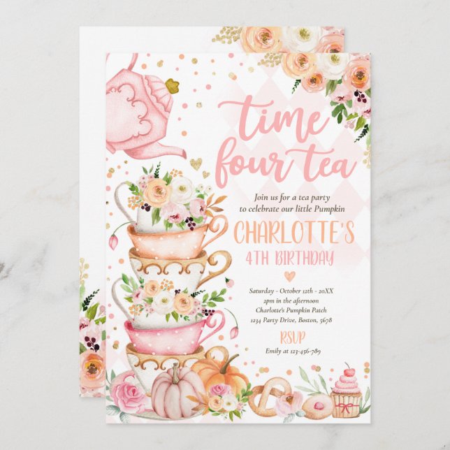 Invitación Time Four Tea Birthday Party Pumpkin Autumt Floral (Anverso / Reverso)