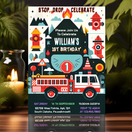 Invitación Time Red Hot Fire Truck Engine Safety 1 cumpleaños