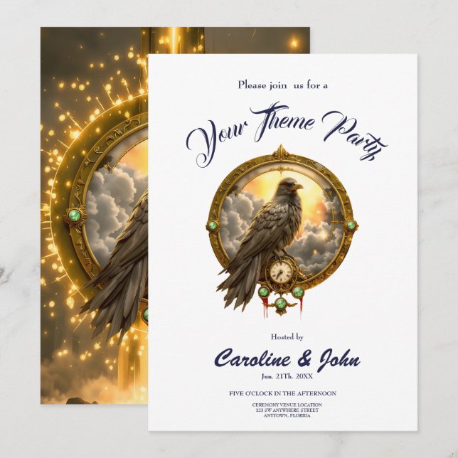 Invitación Timekeeper Raven – Gothic Clockwork  (Anverso / Reverso)