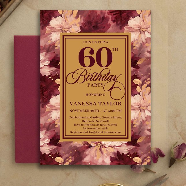 Invitación Timeless 60th Birthday Burgundy Gold Floral Invite (Timeless 60th Birthday Burgundy Gold Floral Invitation)
