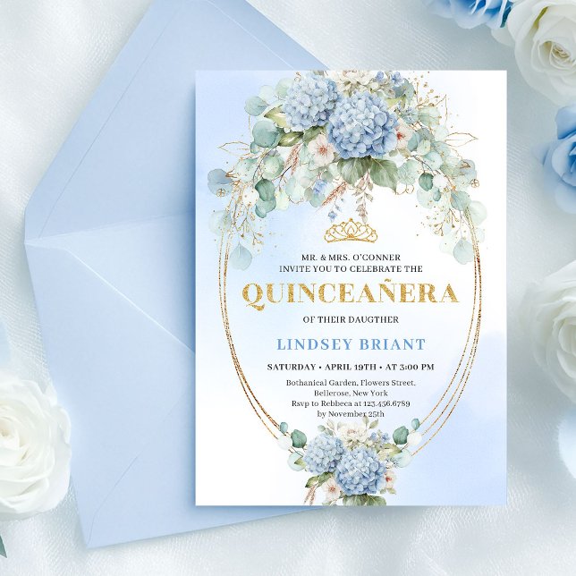 Invitación Timeless Blue Floral Gold Quinceañera Invitation (Timeless Blue Floral Gold Quinceañera Invitation)