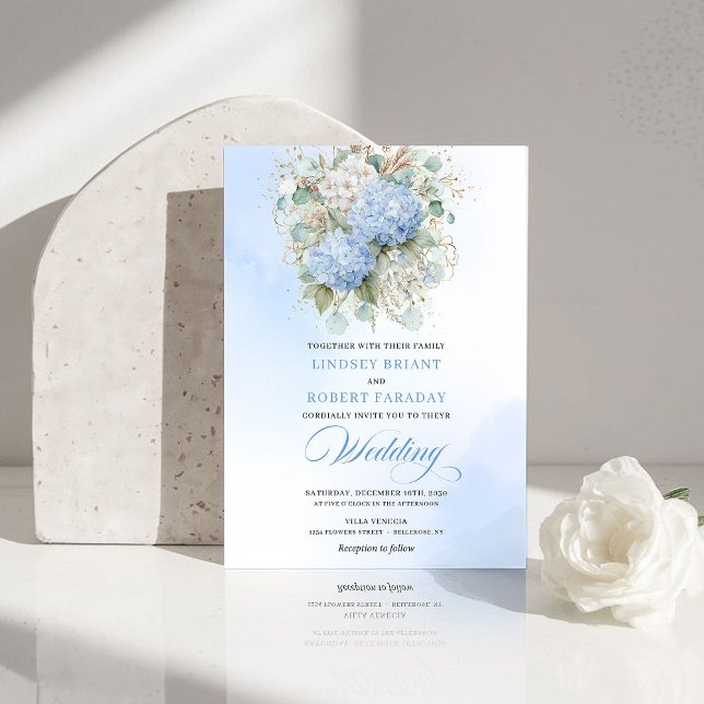 Invitación Timeless Blue Hydrangea Gold Floral Wedding Invite (Timeless Blue Hydrangea Gold Floral Wedding Invitation)