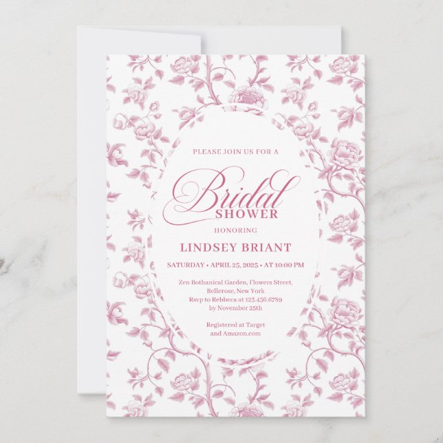 Invitación Timeless Blush Rosa Toile Rosas Patrón Zapatos de  (Anverso)