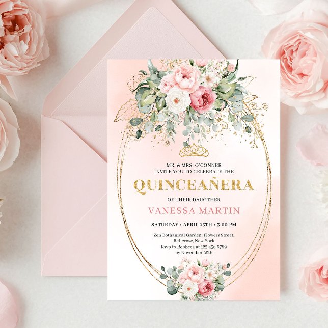 Invitación Timeless Blush Roses Eucalyptus Quinceañera Invite (Timeless Blush Roses Eucalyptus Quinceañera Invitation)