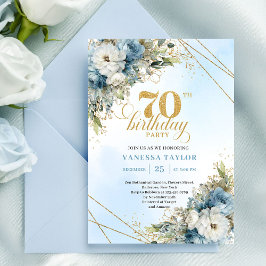 Invitación Timeless bohemian blue florals gold 70th birthday