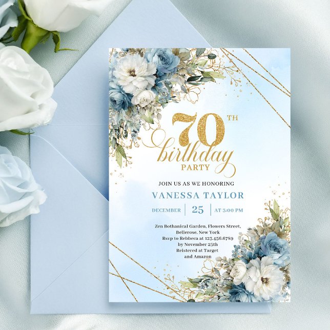 Invitación Timeless bohemian blue florals gold 70th birthday  (Timeless bohemian blue florals gold 70th birthday invite

)