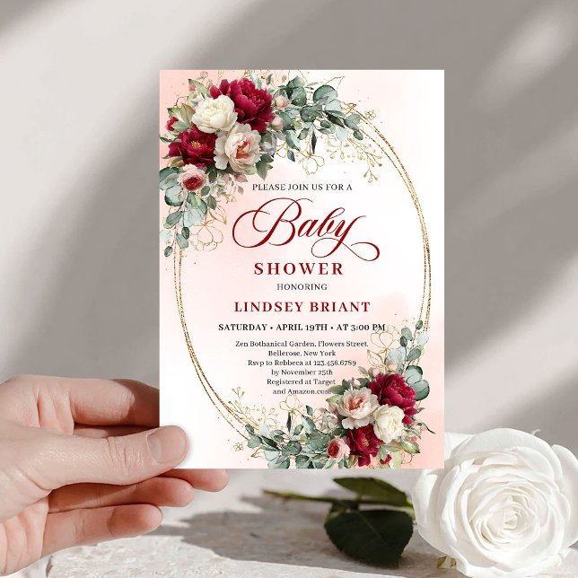 Invitación Timeless Bohemian Burgundy Floral Gold Baby Shower (Timeless Bohemian Burgundy Floral Baby Shower Invite)