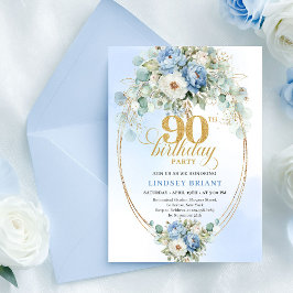 Invitación Timeless Boho Blue Floral Gold 90th Birthday