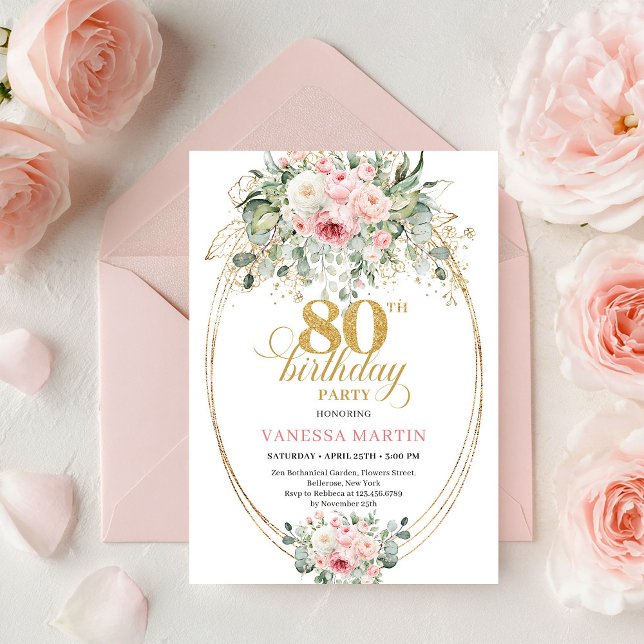 Invitación Timeless Boho Blush Roses Minimal 80th Birthday (Timeless Boho Blush Roses Minimal 80th Birthday)