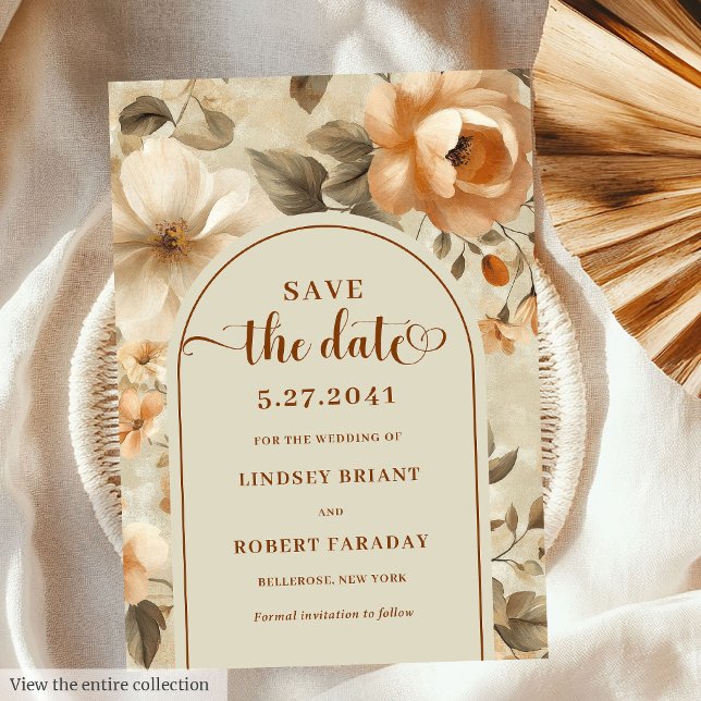 Invitación Timeless Boho Copper Beige Floral Save The Date (Timeless Boho Copper Beige Floral Save The Date)