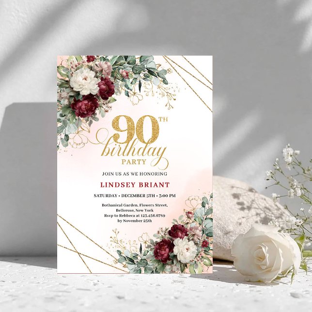 Invitación Timeless Boho Deep Red Peonies Gold 90th Birthday (Timeless Deep Red Peonies Gold 90th Birthday Invite)