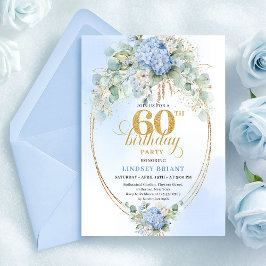 Invitación Timeless Boho Dusty Blue Flowers Gold 60 Birthday