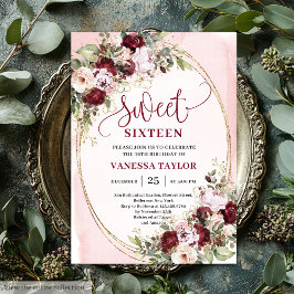 Invitación Timeless Burgundy Blush Floral Sweet 16 Invite