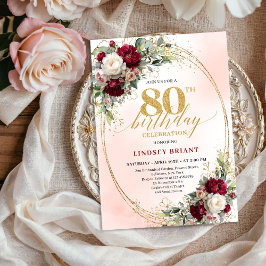Invitación Timeless Burgundy Boho Floral 80th Birthday Invite