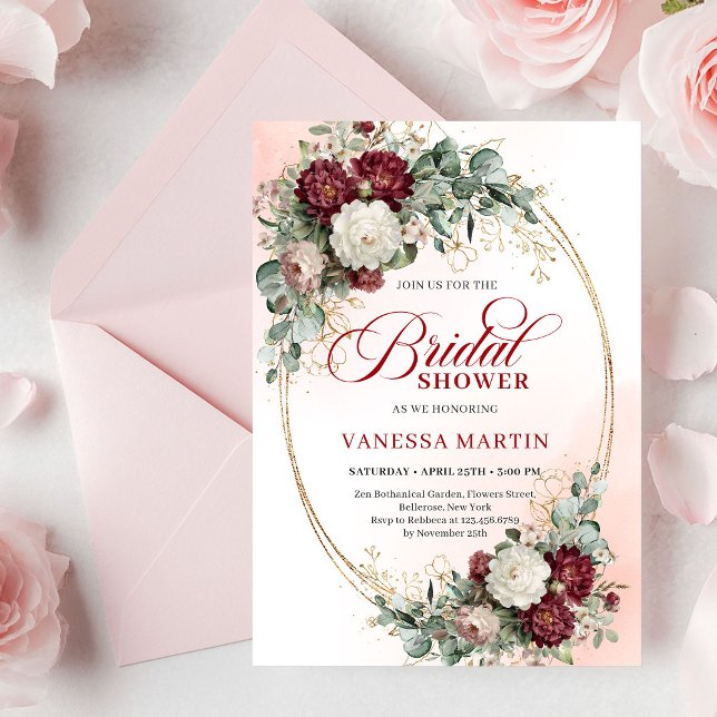 Invitación Timeless Burgundy Flowers with Gold Bridal Shower  (Timeless Burgundy Flowers with Gold Bridal Shower Invite)
