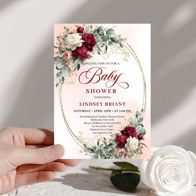 Invitación Timeless Burgundy Gold Floral Baby Shower Invite (Timeless Burgundy Gold Floral Baby Shower Invite)