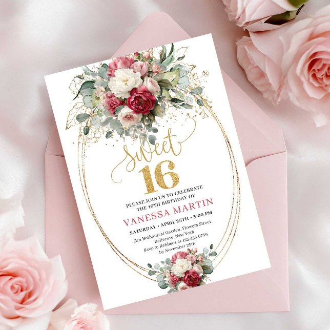 Invitación Timeless Burgundy White Greenery Sweet Sixteen  (Timeless Burgundy White Greenery Sweet Sixteen Invite)