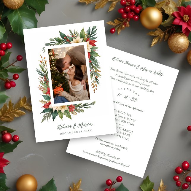 Invitación Timeless Christmas Poinsettia Photo Wedding (Timeless Christmas Poinsettia Photo Wedding Invitation Card. )