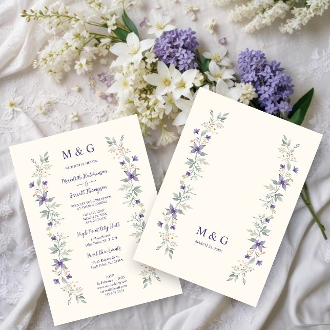 Invitación Timeless Classic Purple Flowers Branches Wedding (Timeless Classic Purple Flowers & Branches Garlands Wedding Invitations Cards with Initials. )