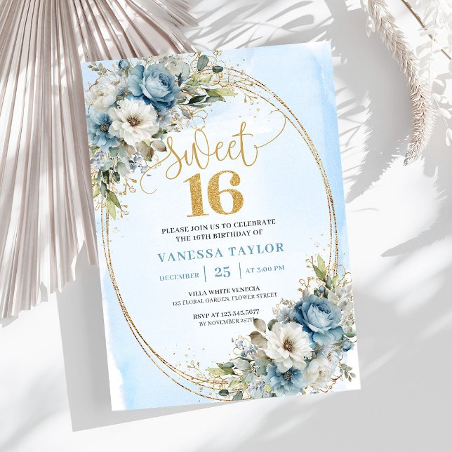 Invitación Timeless Dusty Blue Floral Gold Sweet Sixteen  (Timeless Dusty Blue Floral Gold Sweet Sixteen Invite)