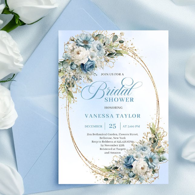 Invitación Timeless Dusty Blue Floral Script Bridal Shower  (Timeless Dusty Blue Floral Script Bridal Shower Invitation)