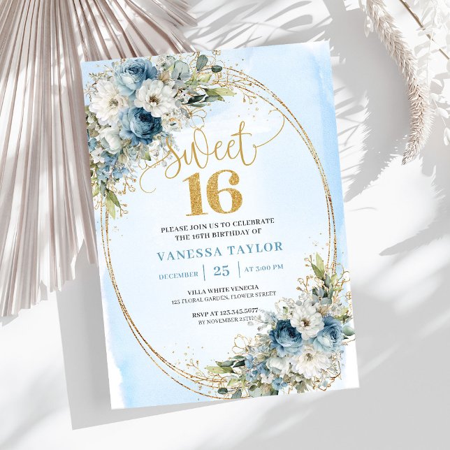 Invitación Timeless Dusty Blue Floral Sweet 16th Birthday  (Timeless Dusty Blue Floral Sweet 16th Birthday Invite)