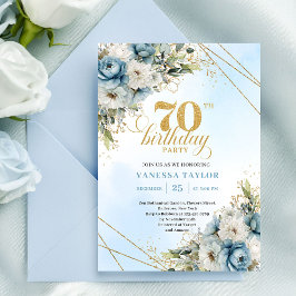 Invitación Timeless dusty blue florals gold frame 70 birthday