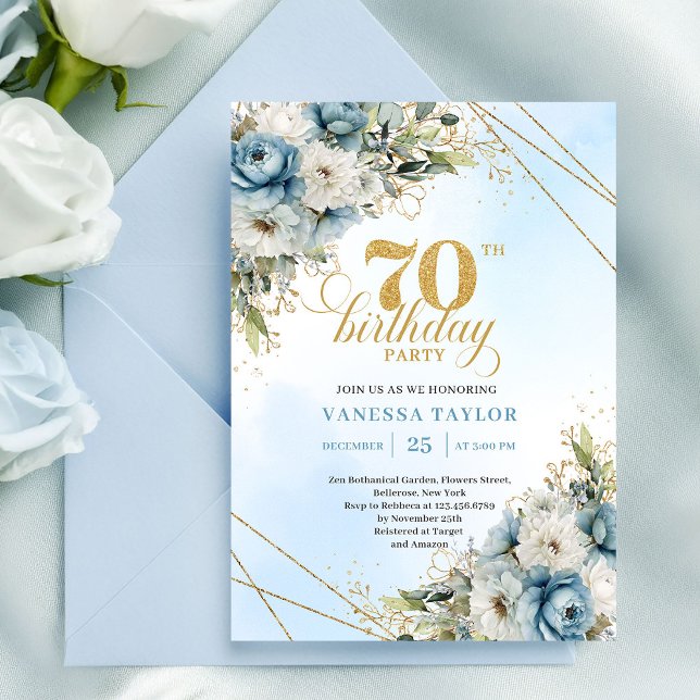 Invitación Timeless dusty blue florals gold frame 70 birthday (Timeless dusty blue florals gold frame 70th birthday

)