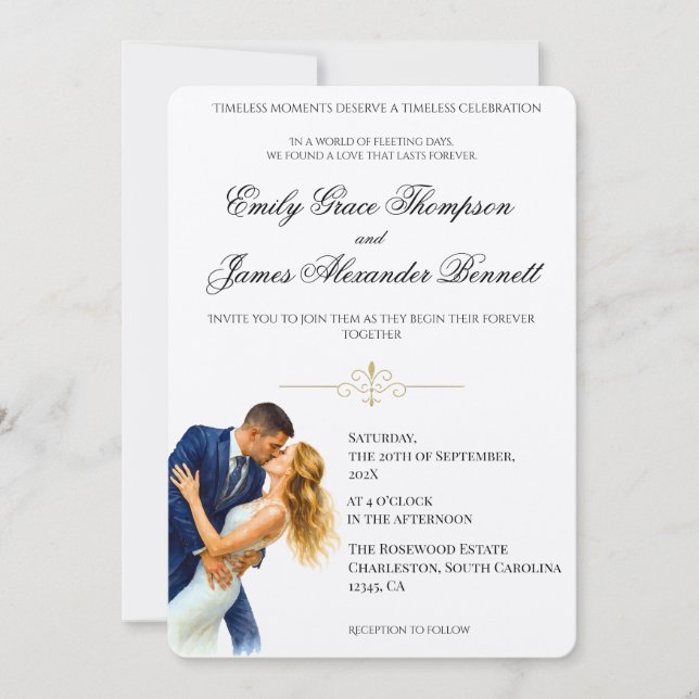Invitación Timeless Elegance Wedding Golden Romance Couple (Anverso)