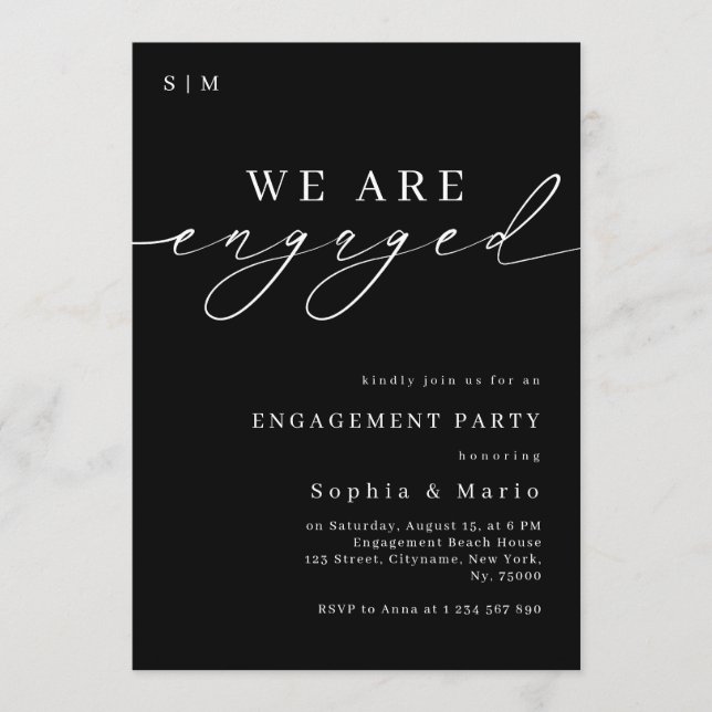 Invitación Timeless Elegant Monogram Black Engagement Party (Anverso)