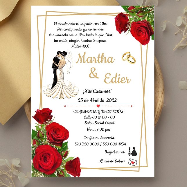 Invitación Timeless Love Red Elegance Wedding Invitation  (Classic Red Roses & Gold Religious Wedding Invite. Elegant, traditional and fully customizable)
