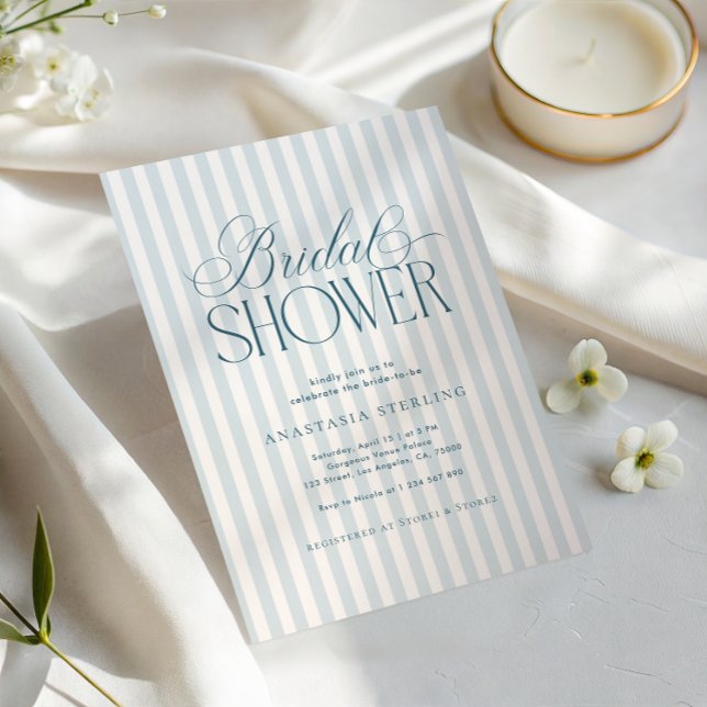 Invitación Timeless Luxe Script Blue Stripes Bridal Shower (Subido por el creador)