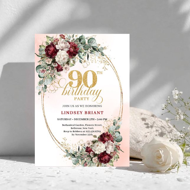 Invitación Timeless Maroon Peonies Eucalyptus 90th Birthday (Timeless Maroon Peonies Eucalyptus 90th Birthday)
