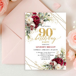 Invitación Timeless Marsala Floral Gold 90th Birthday Invite