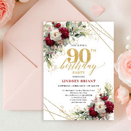 Invitación Timeless Merlot Floral Gold 90th Birthday Invite