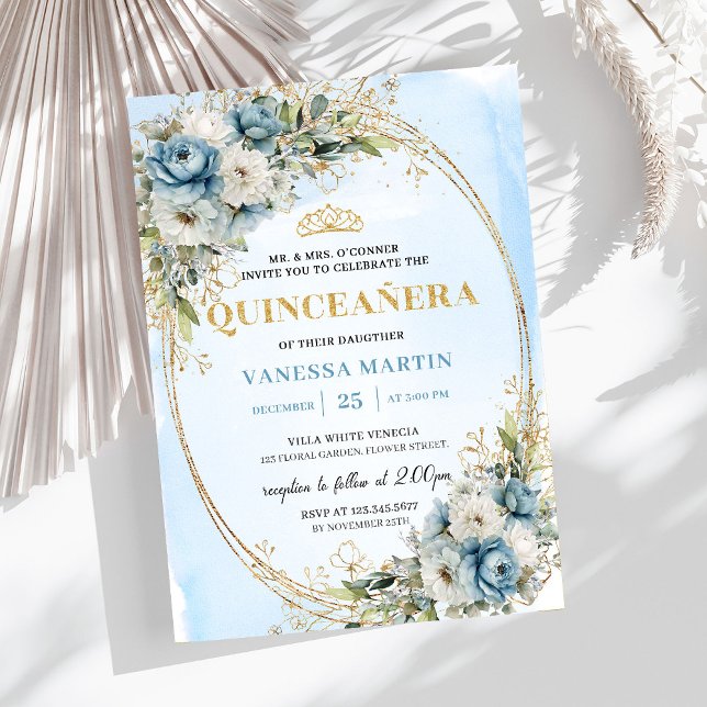 Invitación Timeless Pastel Blue Gold Eucalyptus Quince Invite (Timeless Pastel Blue Gold Eucalyptus Quince Invitation)