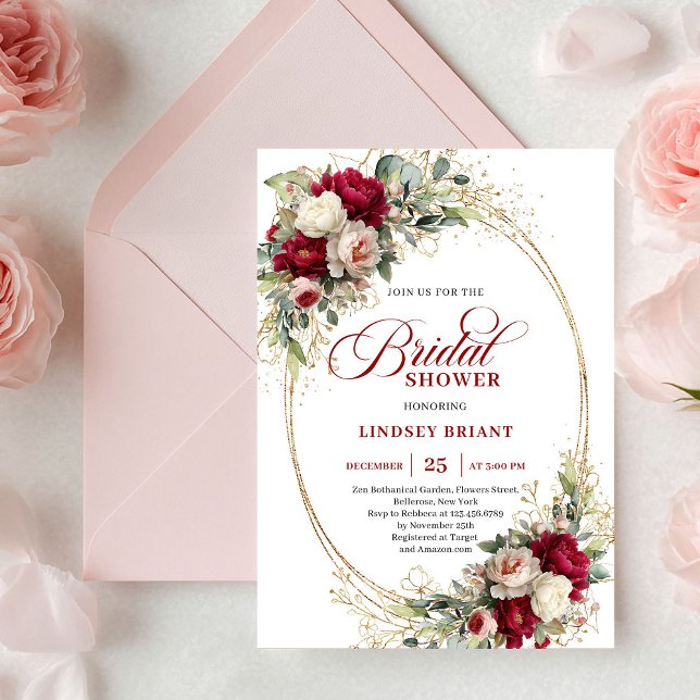 Invitación Timeless Red White Flowers Gold Bridal Shower (Timeless Red White Flowers Gold Bridal Shower)