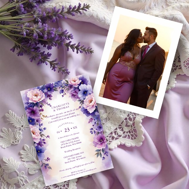 Invitación Timeless Romantic Purple Shades Flowers Arch Photo (Timeless Romantic Purple Shades Flowers & Branches Arch with Photo in the Back Wedding Invitations)