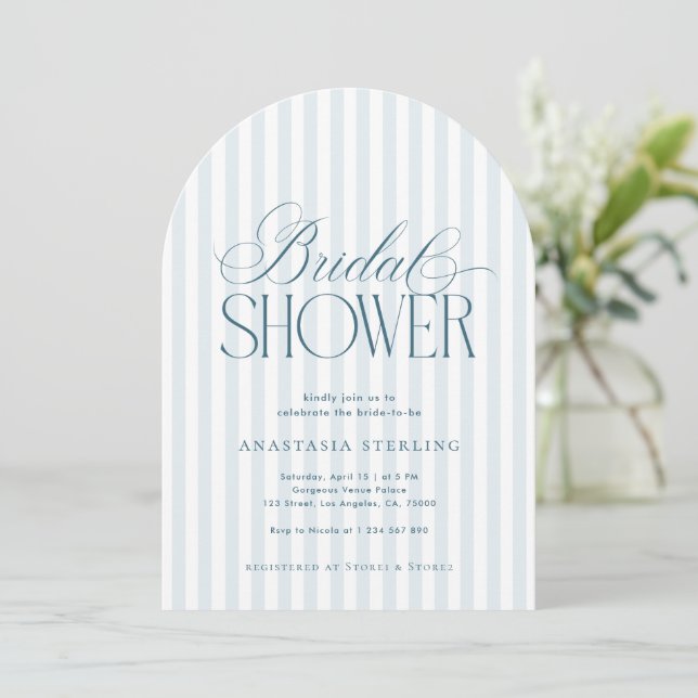 Invitación Timeless Script Blue Stripes Arched Bridal Shower (Anverso de pie)
