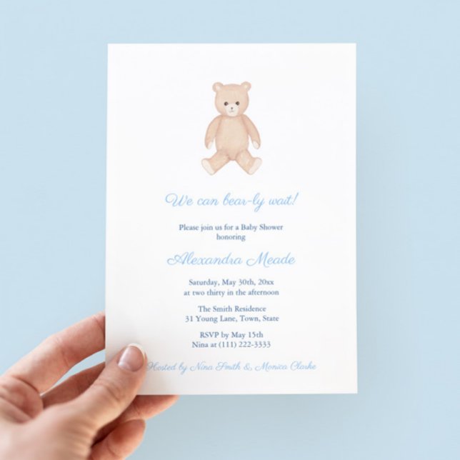 Invitación Timeless Teddy Bear Baby Shower Para Boy Fiesta (Classic Watercolor Teddy Bear Baby Shower For Boy Invitation with pale blue accents )