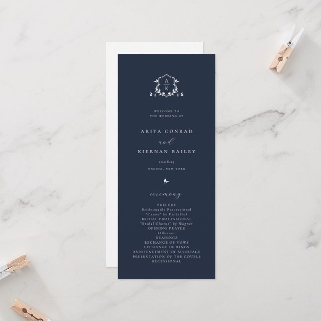 Invitación Timeless Vines Monogram Crest Navy Blue Program (Anverso/Reverso In Situ)