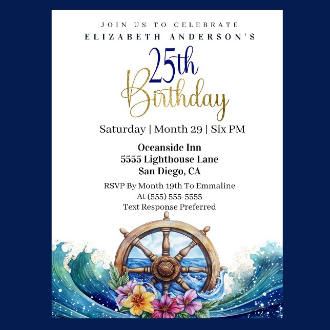 Invitación Timón Náutico de Vela Cumpleaños 21 (Nautical sailing wheel 21st birthday invitation with ocean waves and tropical flowers
)