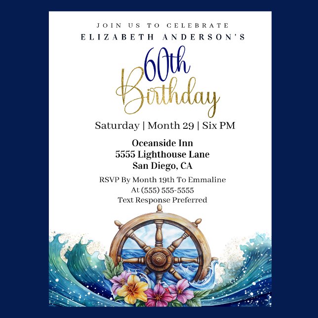 Invitación Timón Náutico de Vela Cumpleaños 60 (Nautical sailing wheel ocean waves floral 60th birthday invitation in navy blue and gold
)