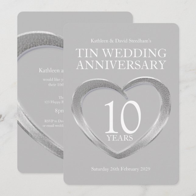 Invitación Tin 10° aniversario boda fiesta del corazón invita (Anverso / Reverso)