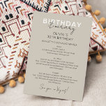 Invitación tineraria de cumpleaños de fin de seman<br><div class="desc">Escala de tiempo del fin de semana caligráfico moderno de color gris oscuro neutro. El diseño presenta un elegante diseño de texto de estilo moderno. Para realizar cambios avanzados,  seleccione la opción "Hacer clic para más personalizares" en Personalizar esta plantilla.</div>
