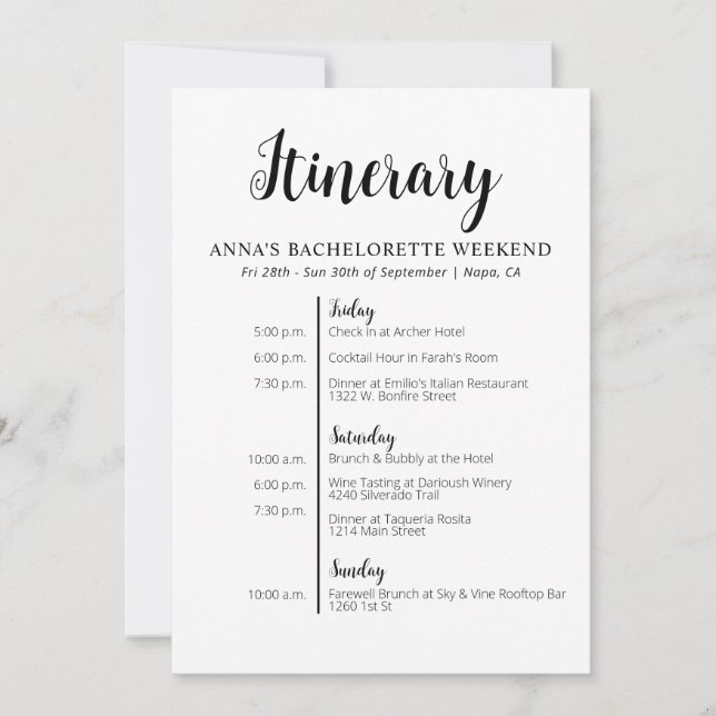 Invitación tineraria minimalista de soltera (Anverso)