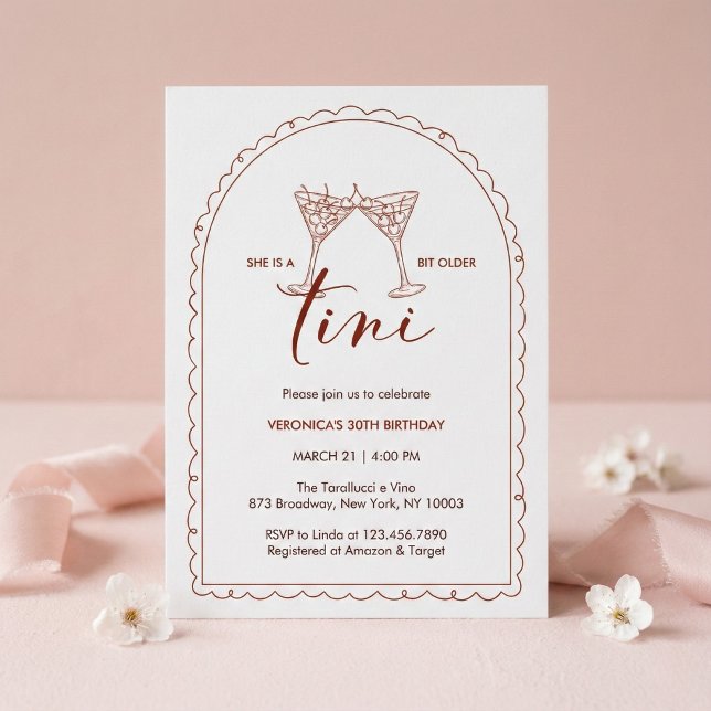 Invitación Tini Bit Older Cherry Martini Birthday Party (A Tini Bit Older Cherry Martini Arch • Terracotta Line Art birthday party)