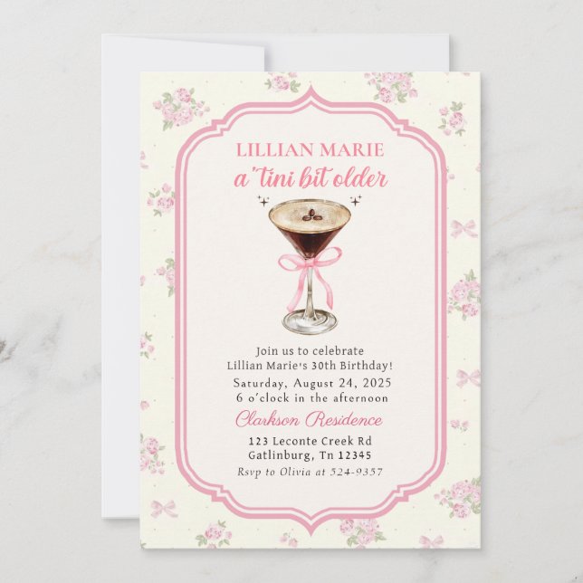 Invitación Tini bit Older Espresso Martini Coquette Cumpleaño (Anverso)
