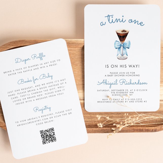 Invitación Tini One Espresso Martini QR Code Boy Baby Shower (Subido por el creador)