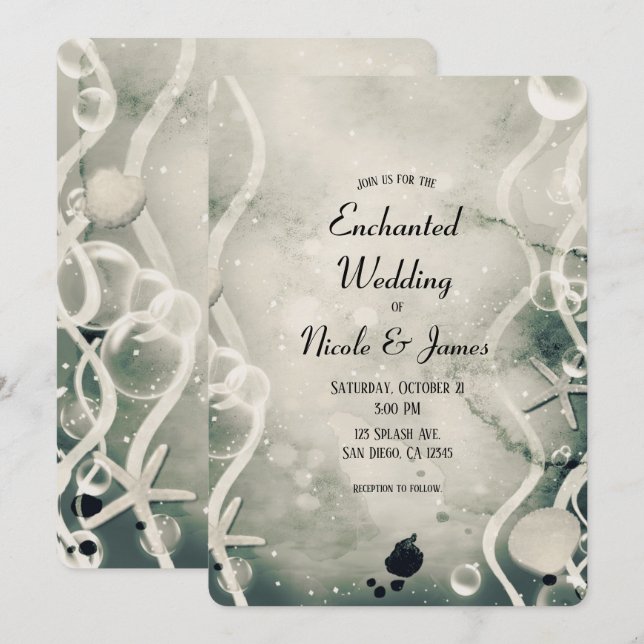 Invitación Tinta acuarela Salpicadura Perla Gris Boda Mar (Anverso / Reverso)